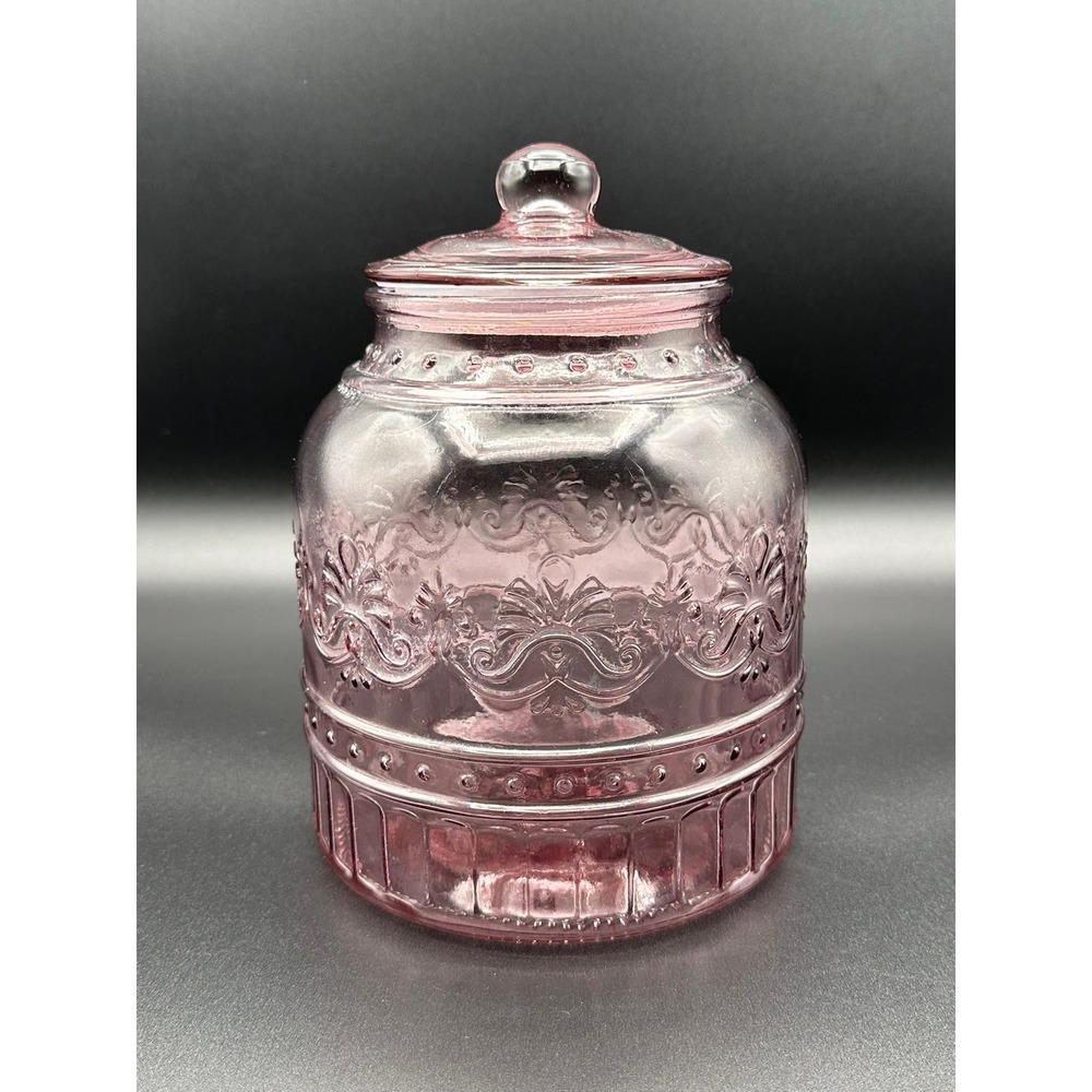 Pioneer Woman Pink Glass Jar Embossed Floral Lidded Canister Vintage Farmhouse